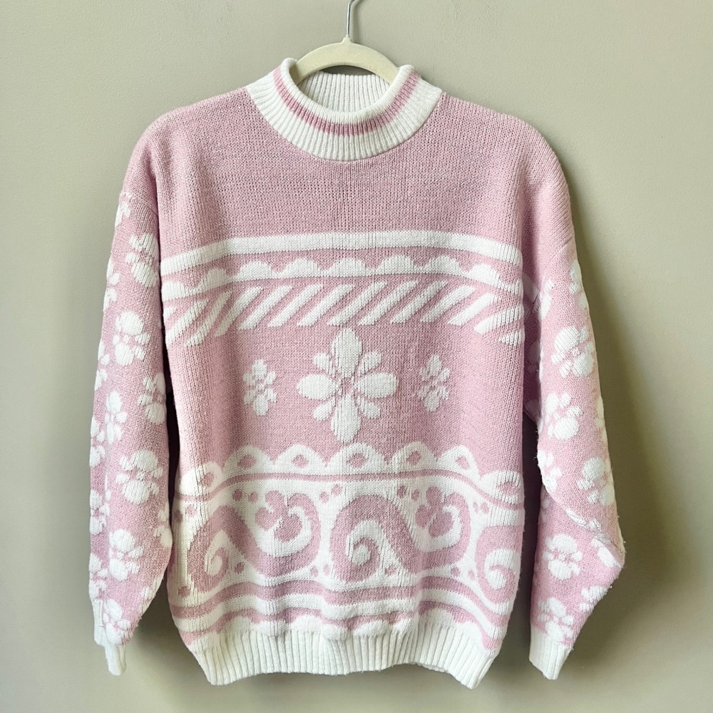 Vintage Fairy Kei Sweater Women's Large Pink White Floral Kawaii Pastel Cute